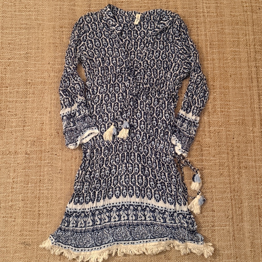 Cool Change Chloe Tunic - Navy Blue, White, Tassels Size Large